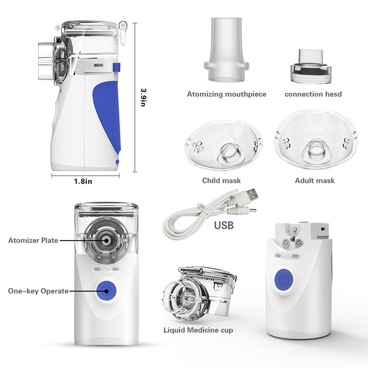 Nebulizador Portátil Ultrasónico Con Juego de Boquillas Para Niños y Adultos