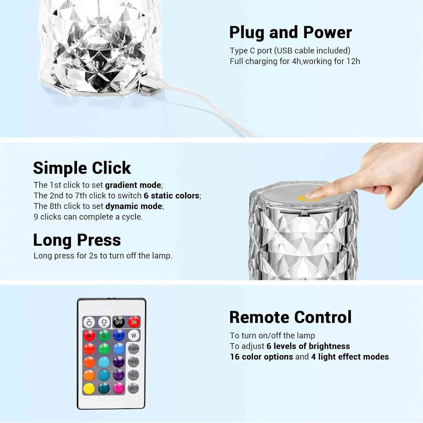 Lámpara de Cristal Inalámbrica Con Control y Sensor Táctil