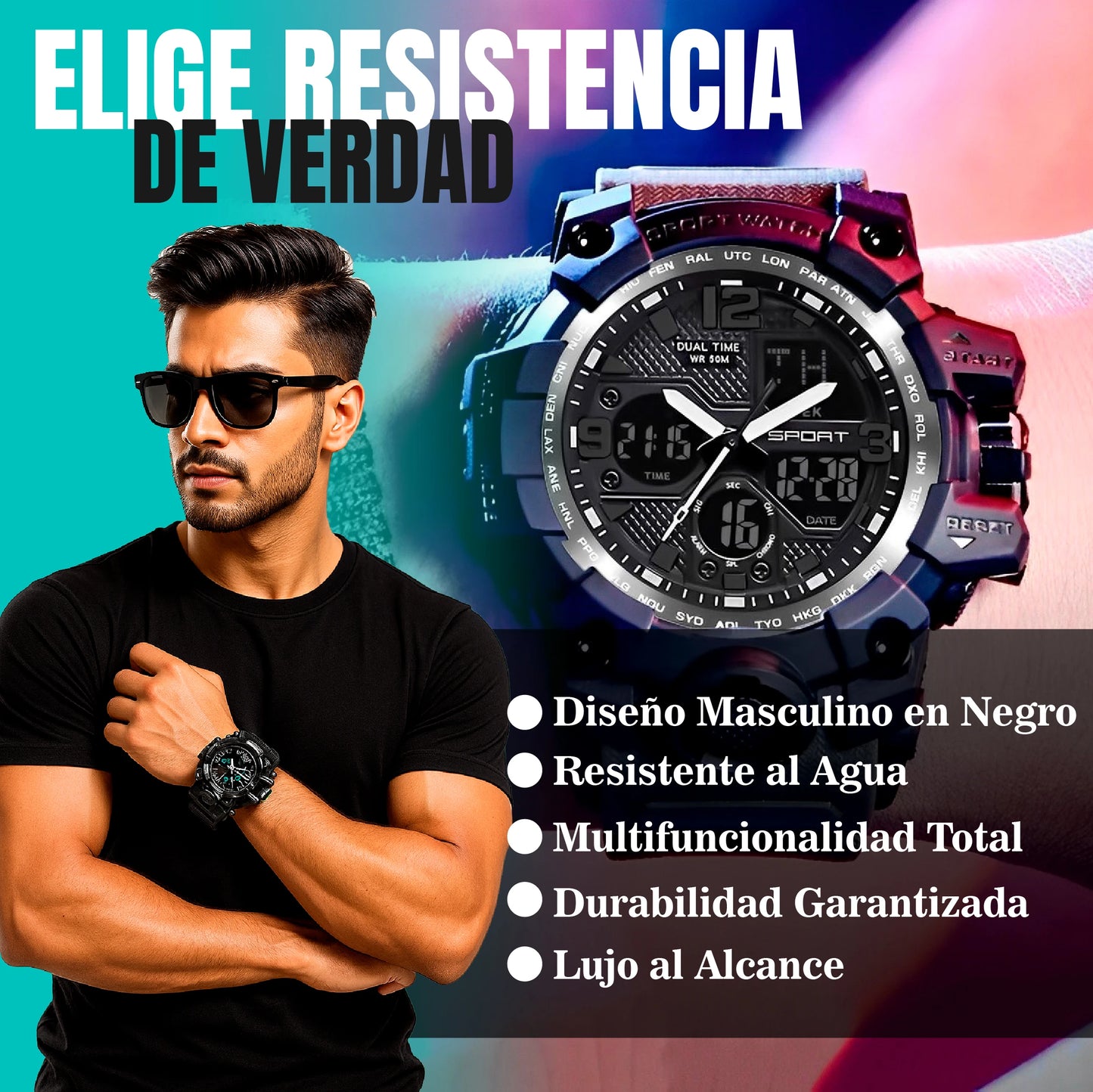 Reloj deportivo en cuarzo de lujo resistente al agua
