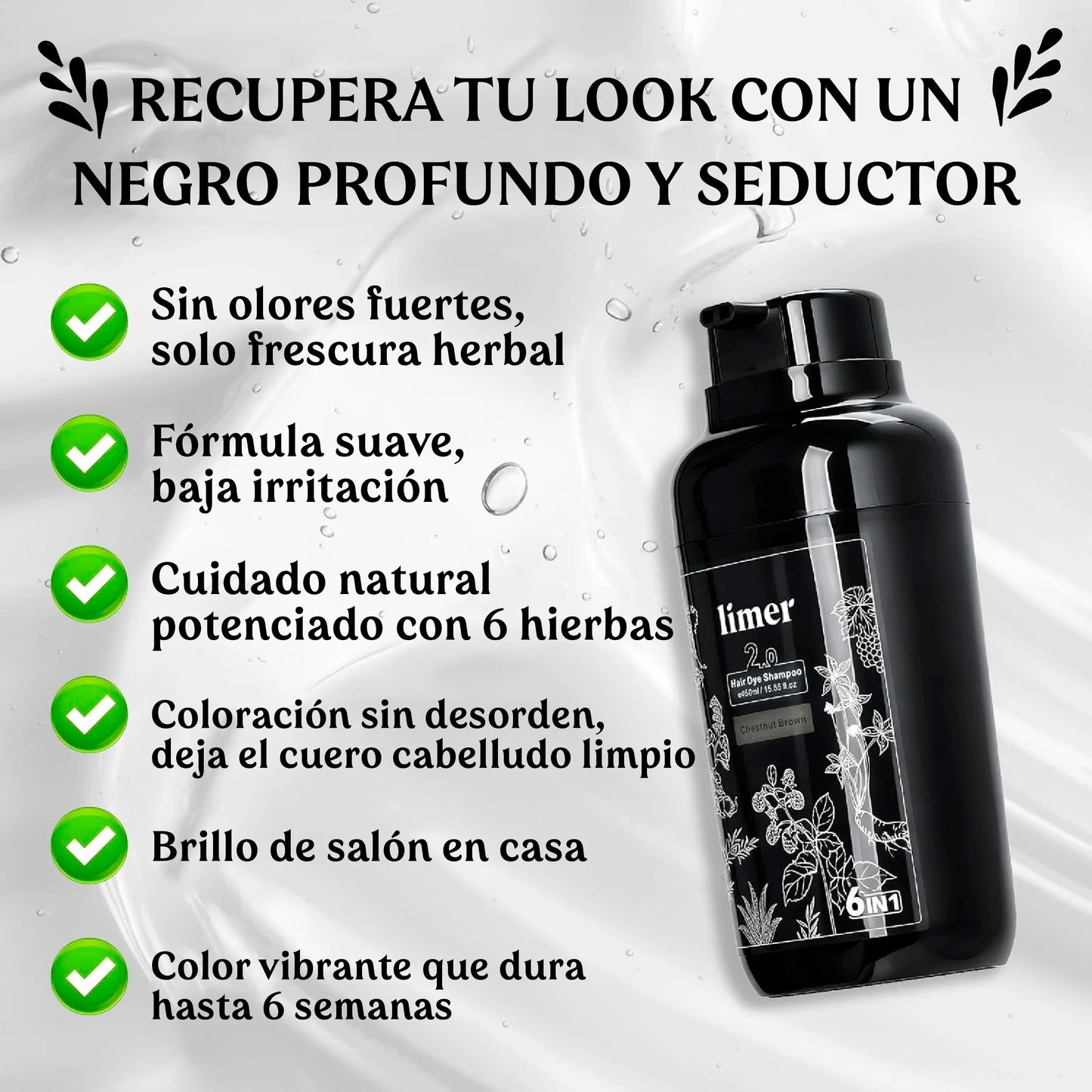 Shampoo color negro natural para cubrir canas al instante