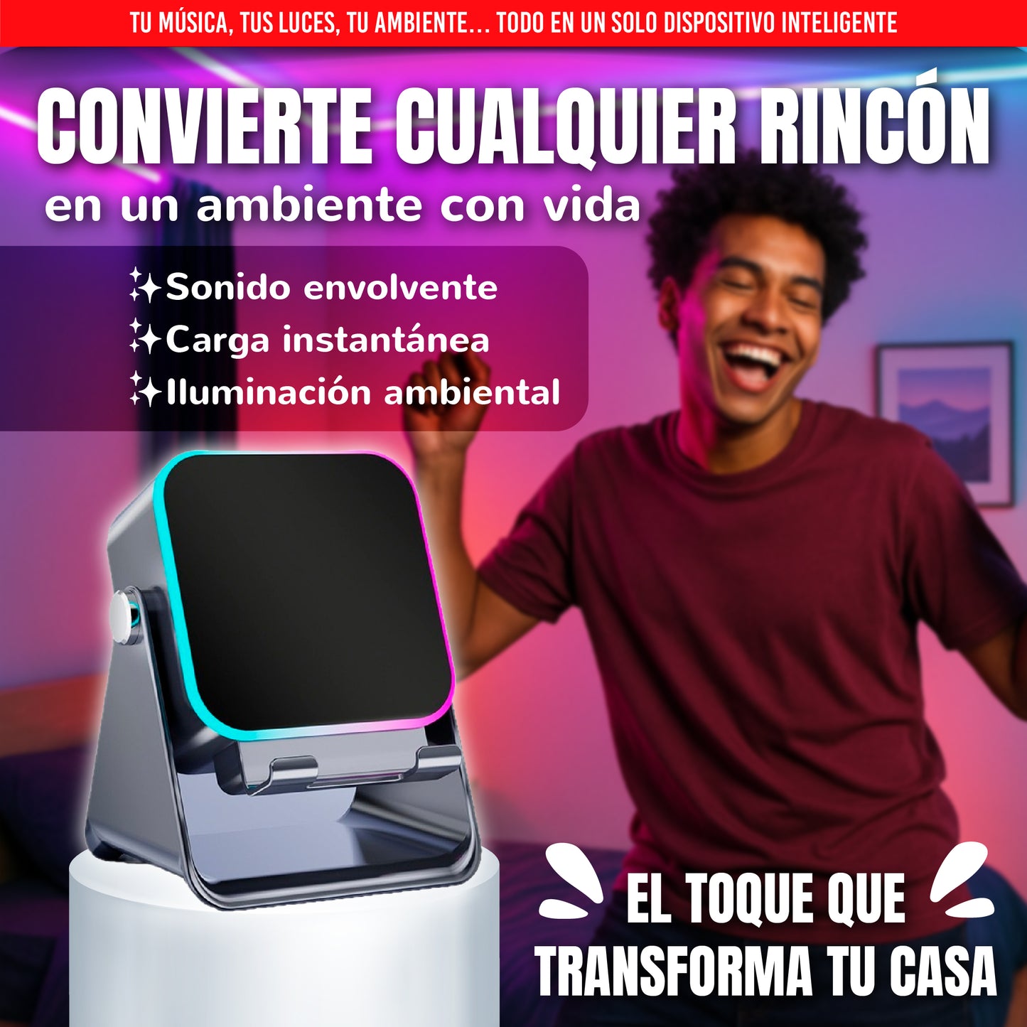 Altavoz Bluetooth con Carga Rápida Inalámbrica y Luces RGB
