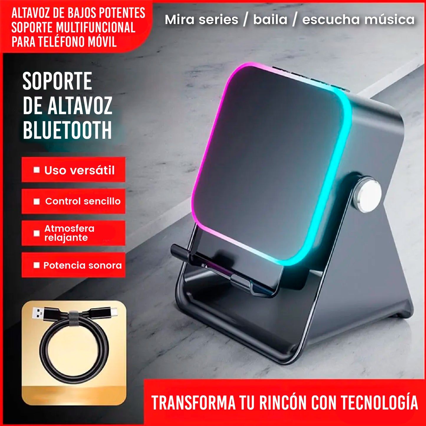 Altavoz Bluetooth con Carga Rápida Inalámbrica y Luces RGB