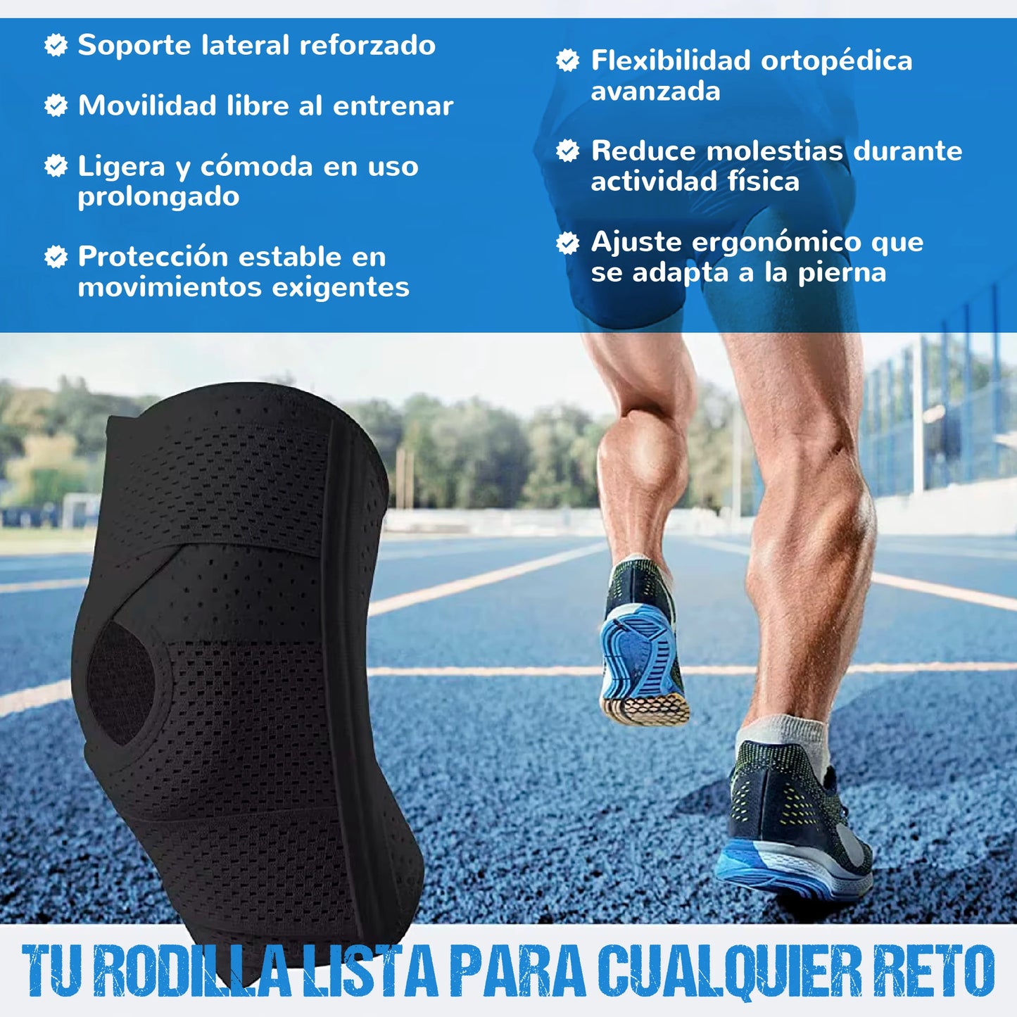 Rodillera deportiva ortopédica con estabilizadores laterales