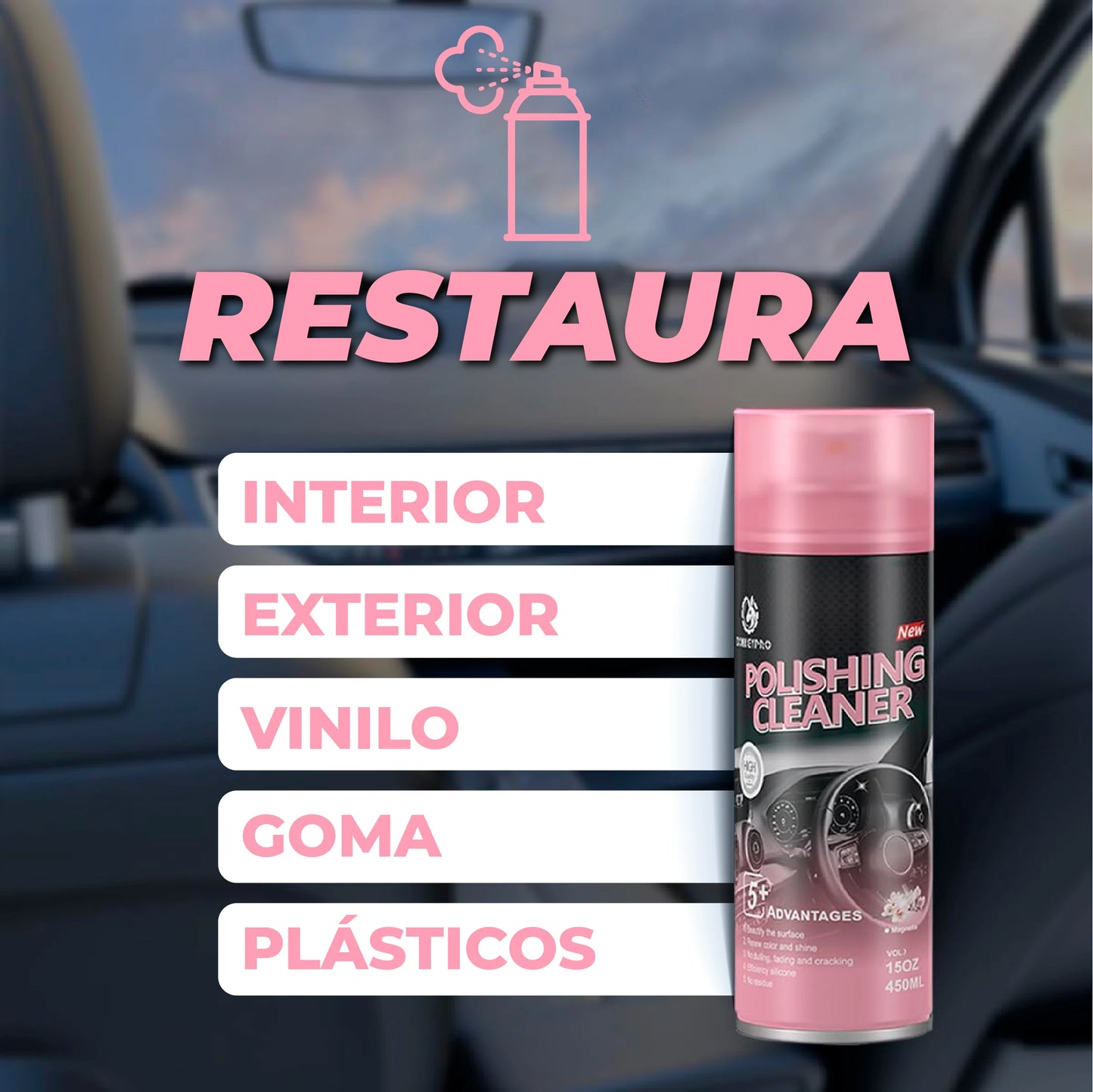 Spray Restaurador y Abrillantador para interiores y neumáticos